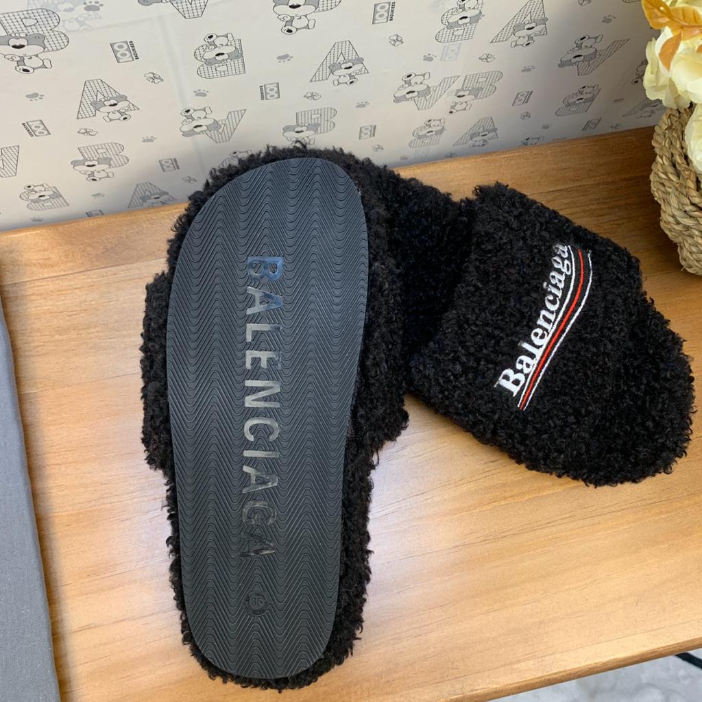 Balenciaga Embroidered Furry Slide Sandals - Black